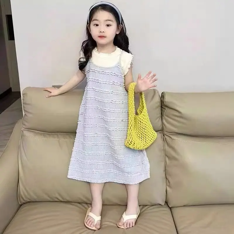 

Childrens Summer Set 2024 New Loose Solid Color Top and Sleeveless Dress Two Pieces Casual and Comfortable Childrens Clothing