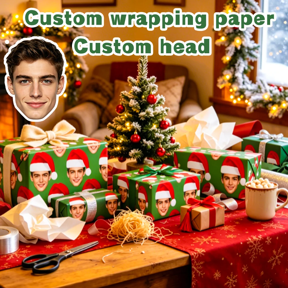 3PCSCustom Face Santa Hat Christmas Wrapping Paper, Personalized Photo Xmas Gift Wrap for Funny Holiday Present Decor