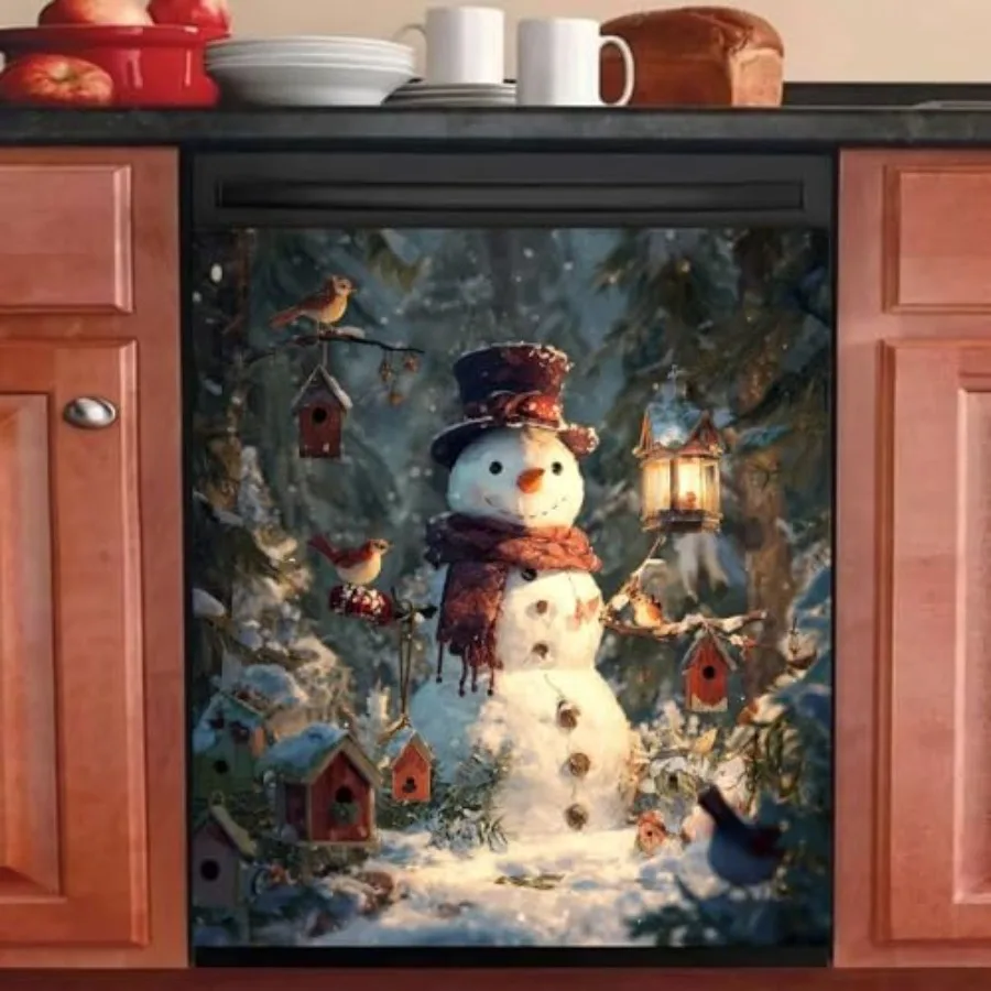 

Магнитная накладка на дверцу посудомоечной машины: Рождественский дизайн, магнитные наклейки на холодильник, декор для двери, с изображением снега и птиц