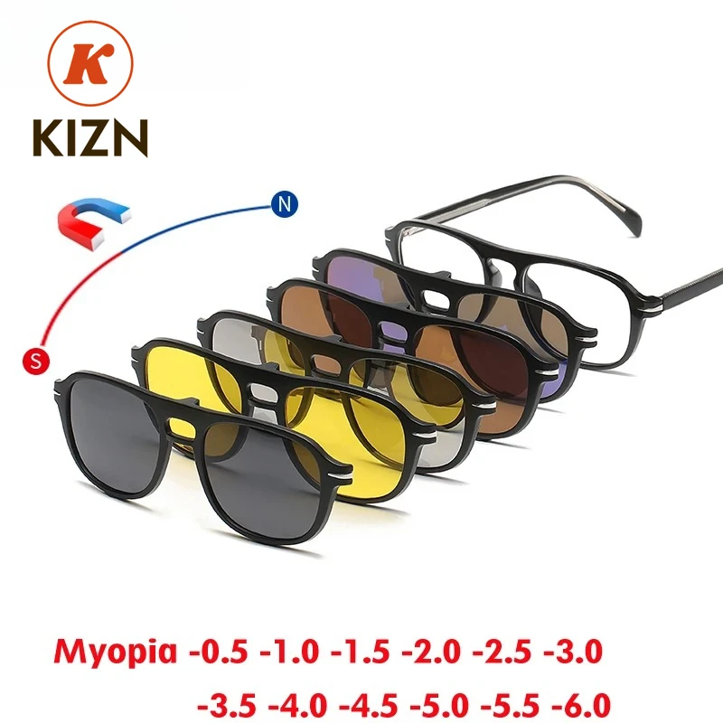 

KIZN 6 в 1 солнцезащитные очки для близорукости с магнитным зажимом, очки в стиле ретро для мужчин и женщин, поляризационные 2024, новые очки с оптическими линзами на заказ -0,5 до -10