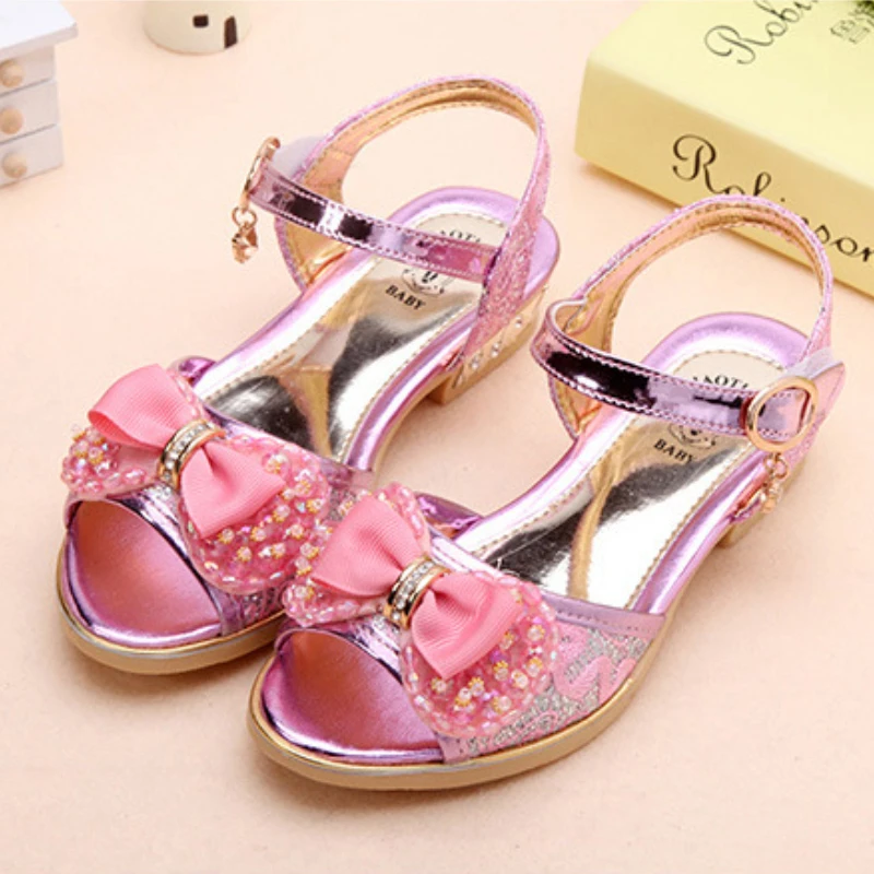 Summer Princess Children\'s Sandals Girls Sequins Low Heels Non-slip Shoes Fashion Bowknot Kids Beach Sandals Causal Versatile