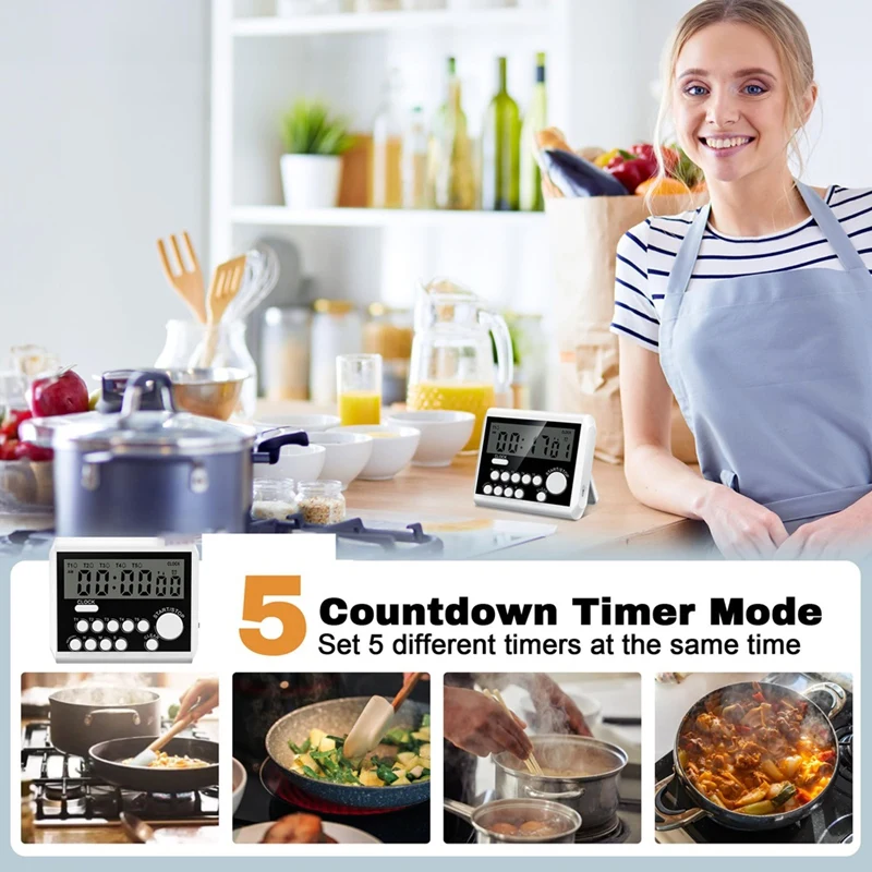 Temporizador de cocina digital de 5 canales, modo de reloj con pantalla LCD grande, temporizador de cocina, alarma de volumen fuerte y luz intermitente
