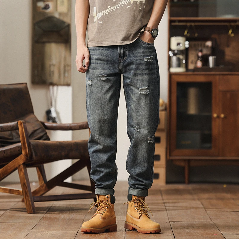 

2025 new men's jeans loose straight hole retro blue denim pants personalized street wear hip-hop high-quality men's pants