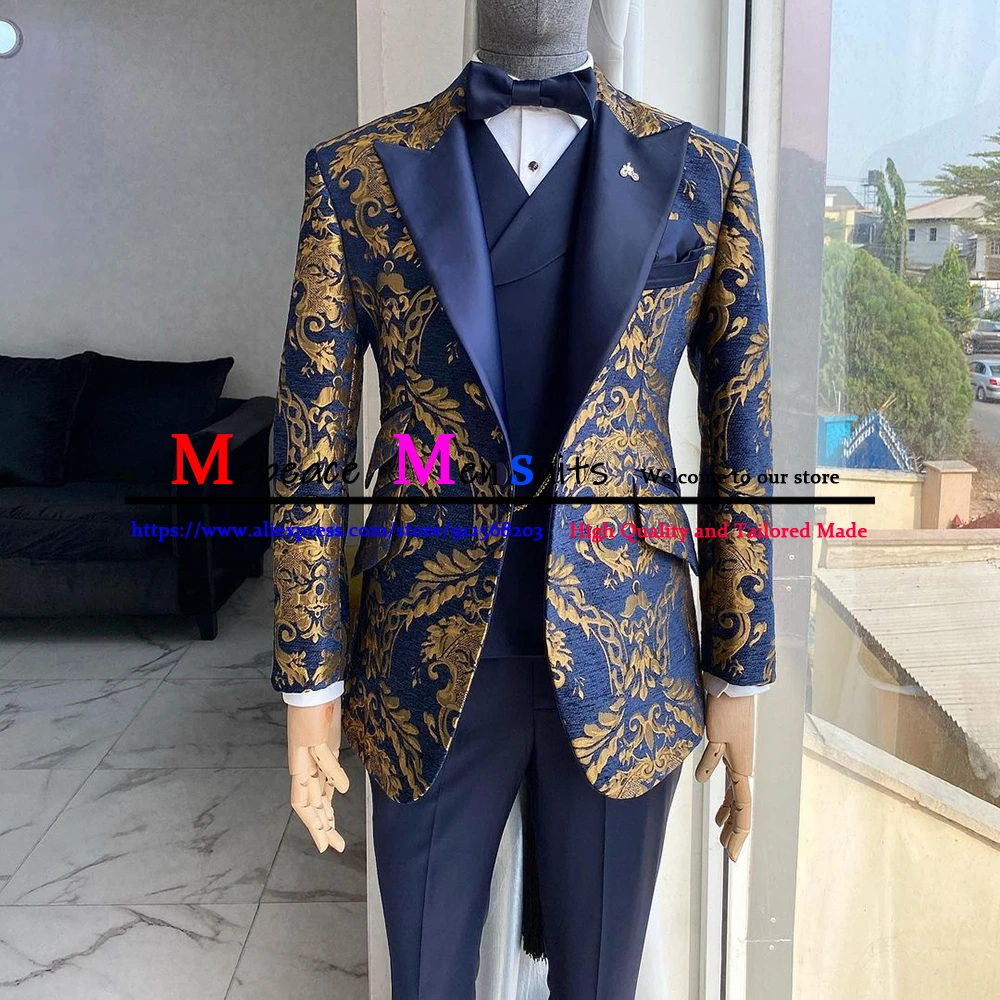 Gold Print Groom Tuxedo Navy Blue Slim Fit Wedding Suits For Men Formal Men Suit Set 3 Piece Sets Customized Trajes Hombre