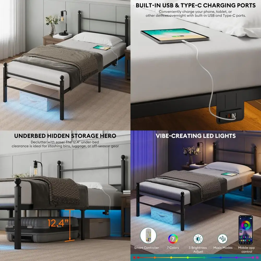 

Metal Twin Bed Frame with Headboard, LED Lights, Charging Station, Underbed Storage, and Heavy-Duty Steel