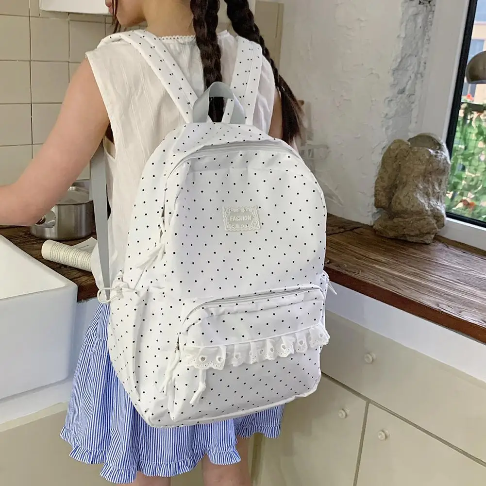 Cute Polka Dot Backpack Large Capacity Nylon Student Schoolbag with Lace Multi-pocket Laptop College Backpack Travel Book Bag