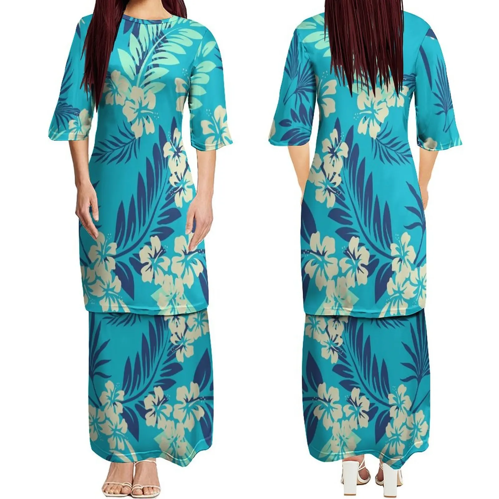 Puletasi A Custom-Made Women'S Dress With A Hibiscus Pattern Features A Round Neck Mid-Sleeved And Double-Layered Design