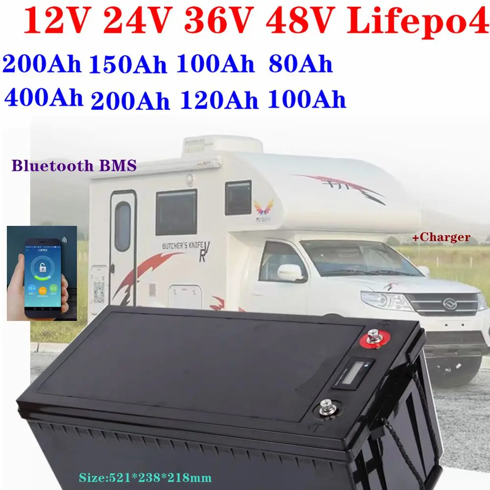 

Waterproof 12V 24V 36V 48V 80Ah 100Ah 150Ah 200Ah 400Ah Lifepo4 battery BMS inside for trolling motor boat RV +Charger