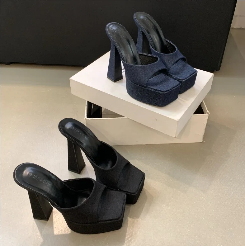 High-Heeled Shoes Lady Square Toe House Slippers Platform Slides Slipers Women Low Denim 2024 PU Cotton Fabric Rome Rubber Hoof