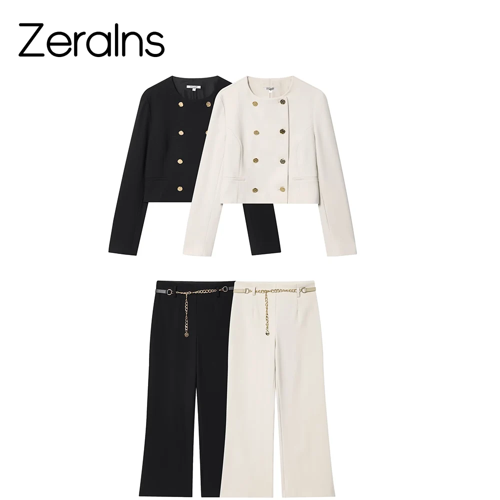 ZERAINS 2025, Herbst-Set für Damen, zweireihig, Anzugjacke mit Kettenbund und Knöchelhose