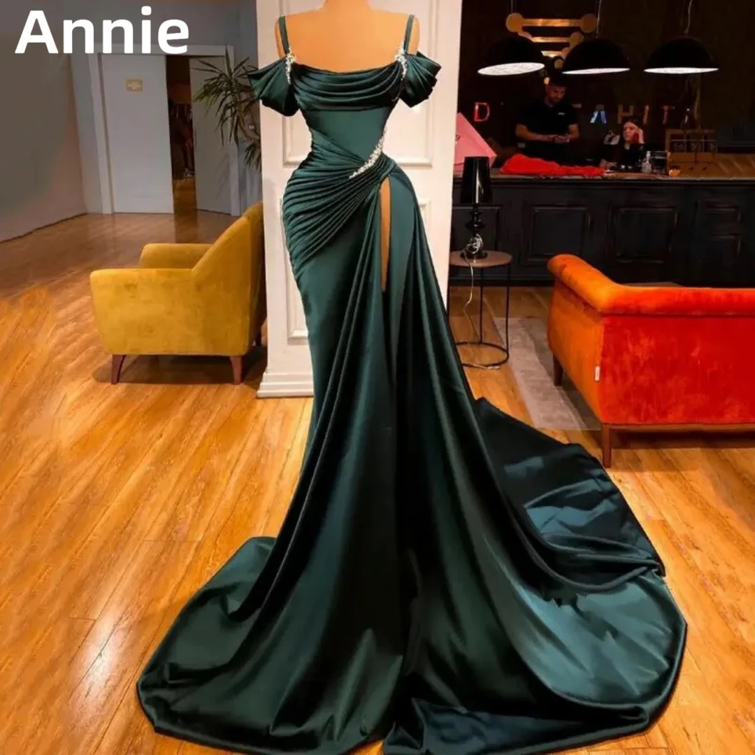 

Annie Dark Green Prom Dresses Luxurious Satin Pleated Beads Evening Dress فساتين سهره فاخره Dubai Arabian floor Slit Party Dress