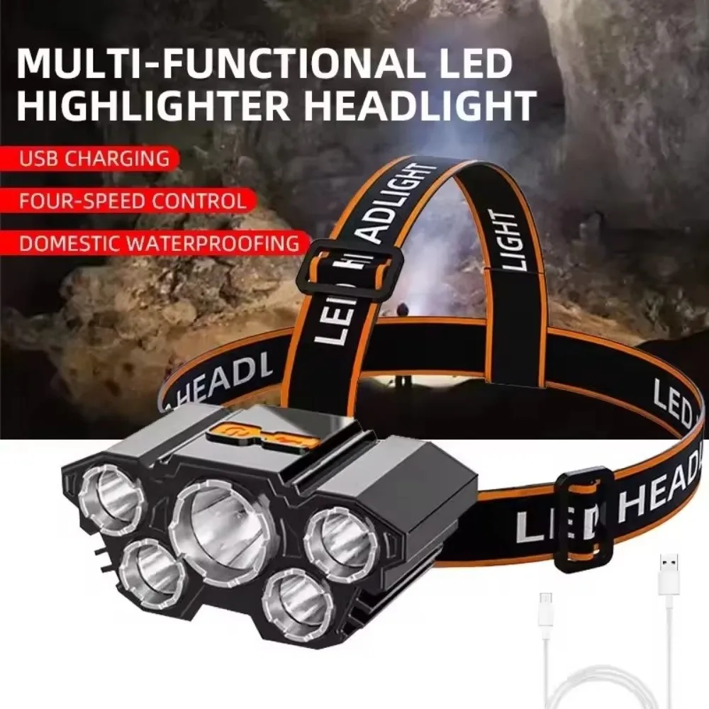 Portable 5 Led Strong Headlight Multifunctional USB Rechargeable LED Headlamp Waterproof Head Flashlight