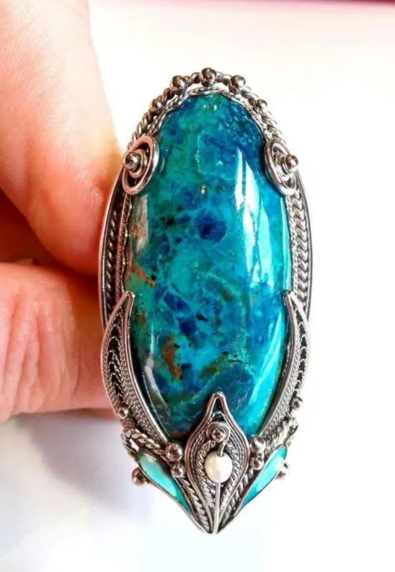 Hot Vintage Ethnic Turquoise Inlaid Ring, Creative European American Cross-border Fashion Jewelry For Women