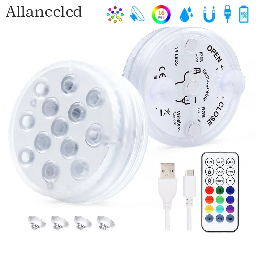 

USB Rechargeable Sucker Submersible Light Waterproof Remote RGB Underwater Light For Hmoe Party Aquarium Pool Bathtub Vase Decor