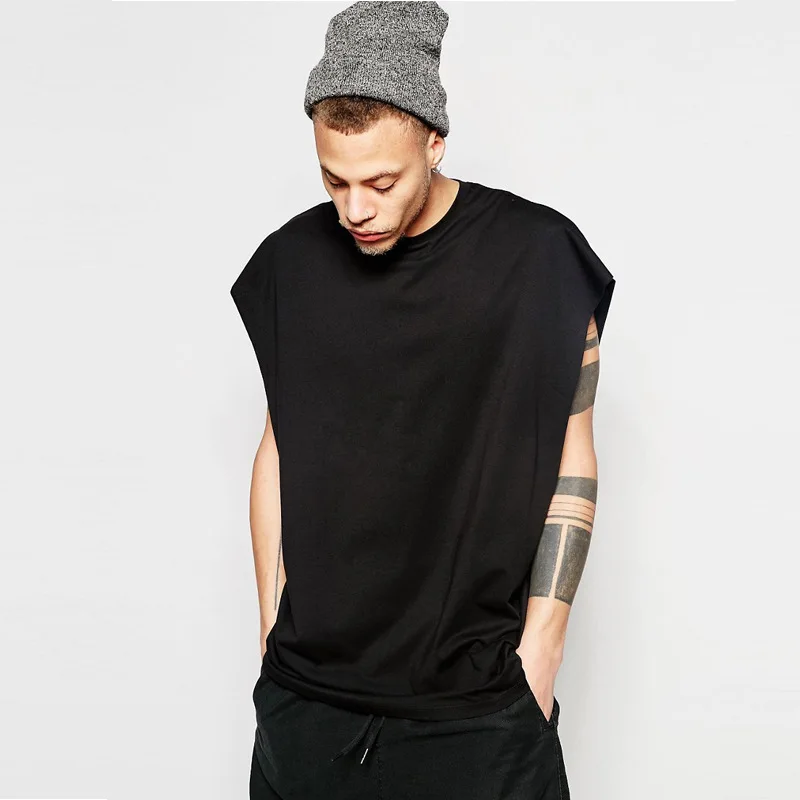 High Street Solid T-shirt Men New Casual Loose Shoulder Basketball Tank Top Hip Hop Sleeveless O-neck Sport Tops