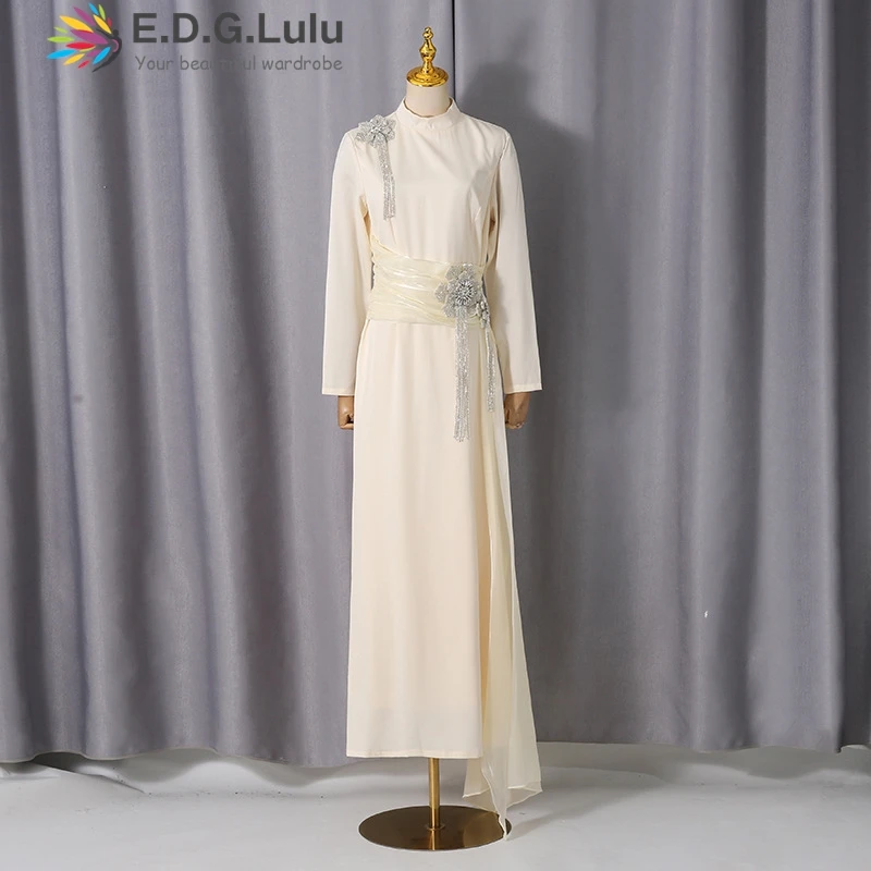 EDGLuLu Sukienki wieczorowe z okrągłym dekoltem, długim rękawem, asymetryczne, damskie, zdobione diamentami, z kwiatowymi frędzlami, łączone, długa sukienka 1205