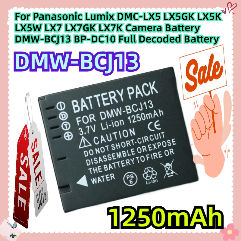 1250mAh For Panasonic Lumix DMC-LX5 LX5GK LX5K LX5W LX7 LX7GK LX7K Camera Battery DMW-BCJ13 BP-DC10 Full Decoded Battery