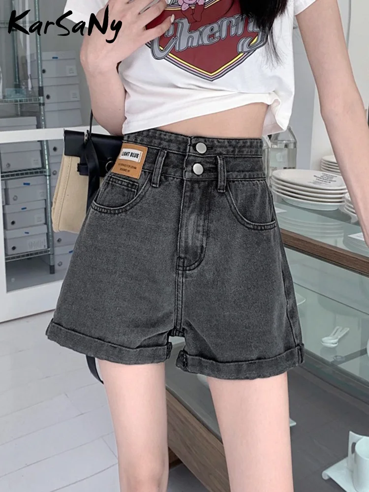 KarSaNy Women High Waisted Denim Shorts Black A Line Short Jeans Summer 2023 INS Fashion Blue Button Denim Shorts For Woman