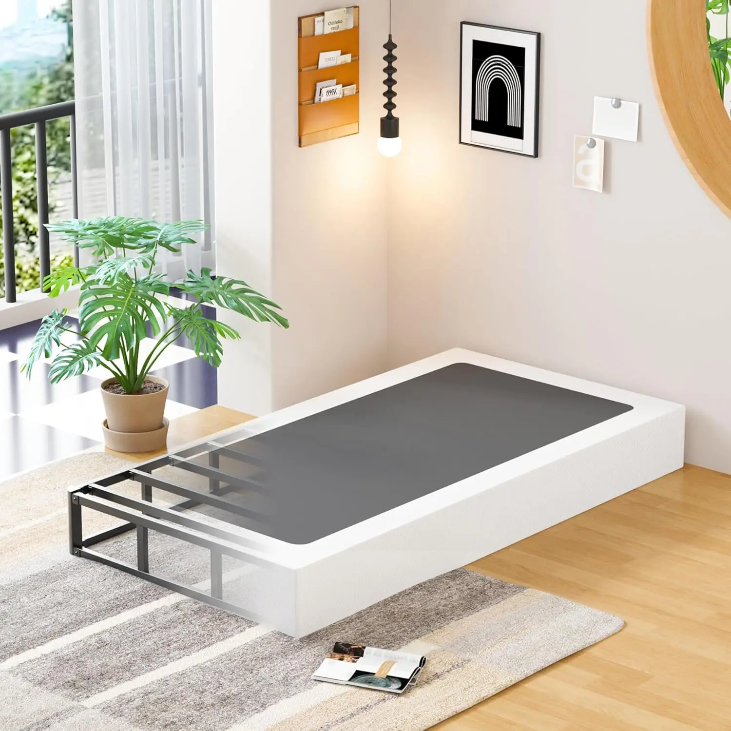 Base de colchão de metal duplo de 9 polegadas com capa de tecido, base de cama resistente de fácil montagem