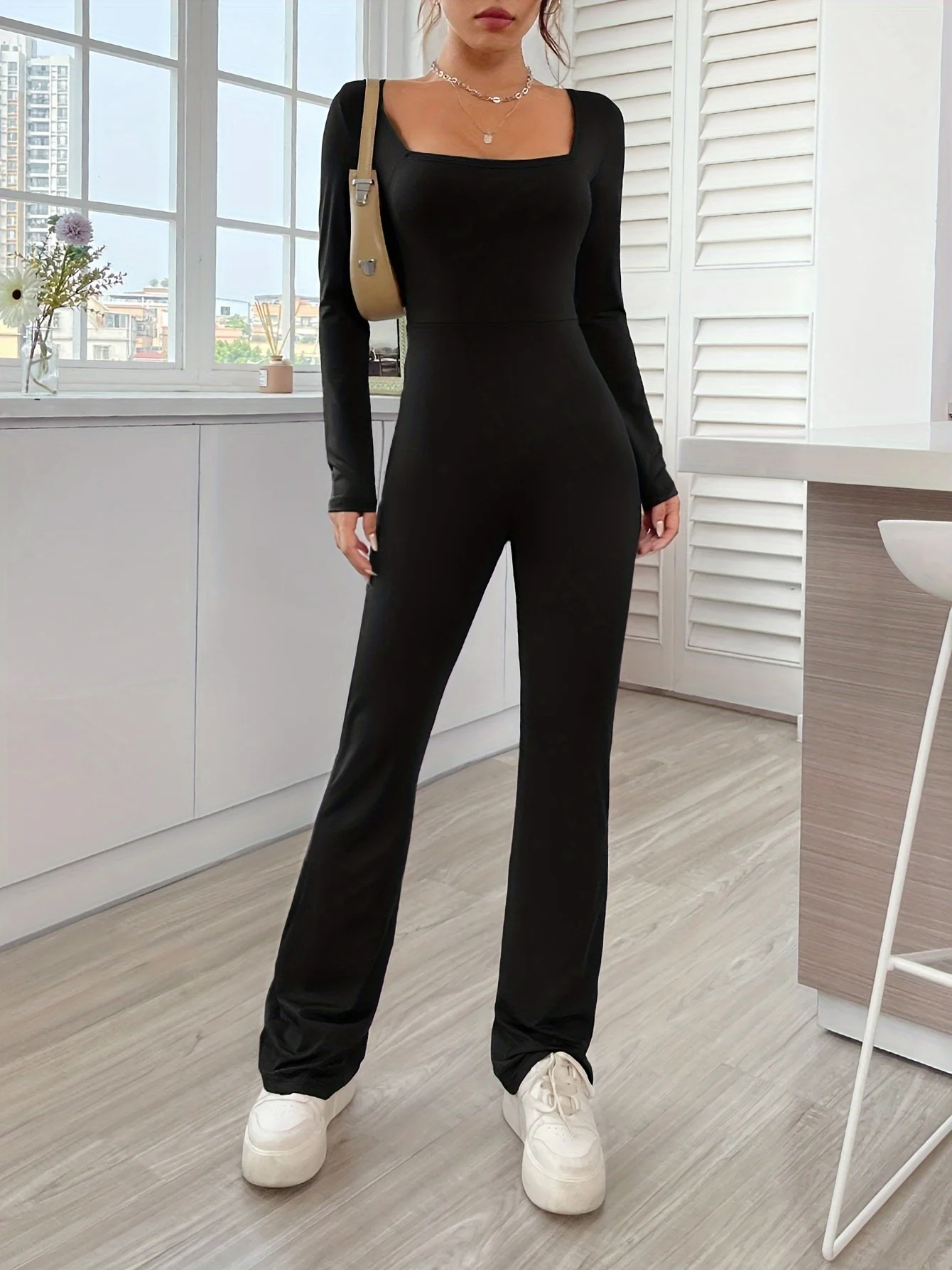 Solid color slim square neck long sleeve casual sports jumpsuit women\'s clothing