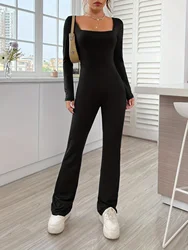 Solid color slim square neck long sleeve casual sports jumpsuit women's clothing