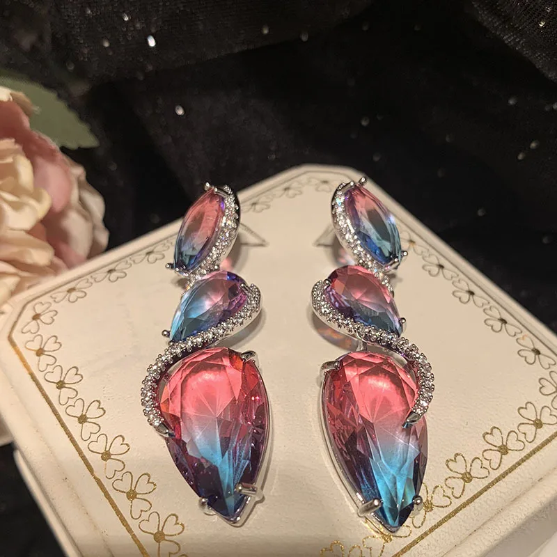 Women Colorful Droplet Earrings S925 Silver Needle Bride Gradient Purple Wave Curve Transparent Hyper Flash