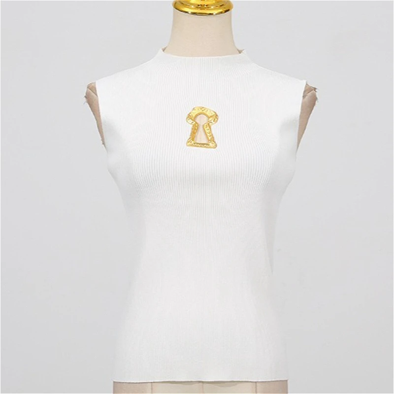 Tops Women Top Turtleneck Sleeveless Knit Spring Y2k Streetwear Tees Elegant Splice Casual Work Regular Slim Fit 2026 Autumn