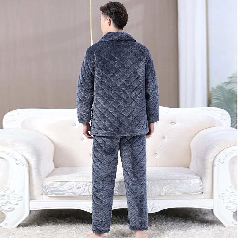 KIDWHXR Winter Men Thickened Pajama Set Long Sleeve Pocket Coat Man Straight-leg Pant Male Two Piece Lounge Sleepwear Suit