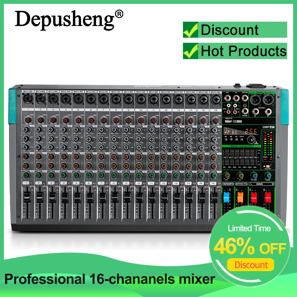 

16 Channels Audio Sound Mixer Depusheng MG16 Mixing DJ Console USB with 48V Phantom Power 256 DSP Effects Sound Table for stage