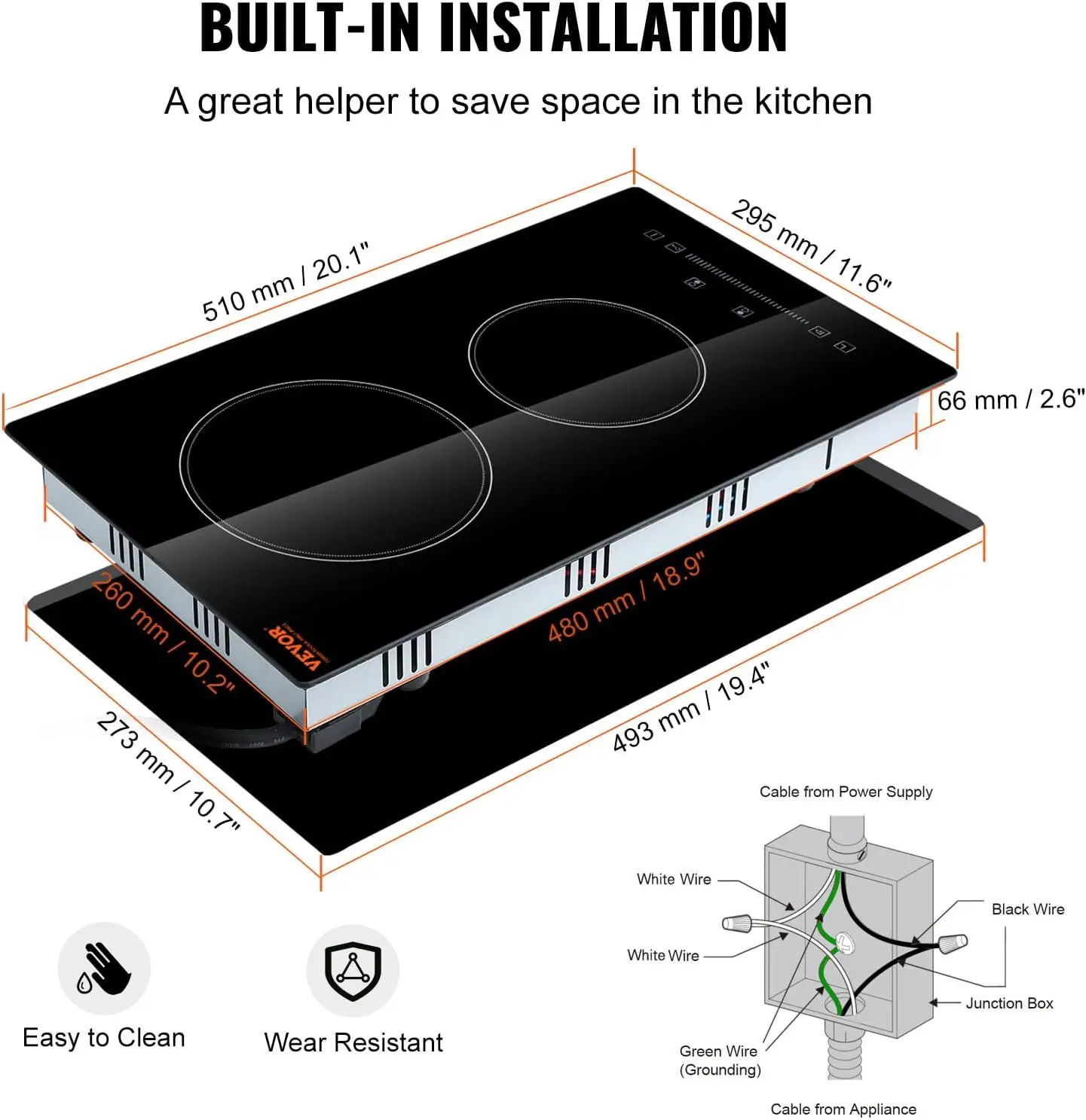 Plaque de cuisson rayonnante en verre avec contrôle tactile à capteur, 2 brûleurs, 12 ", minuterie et verrouillage enfant inclus, 9 recycleurs de puissance pour S