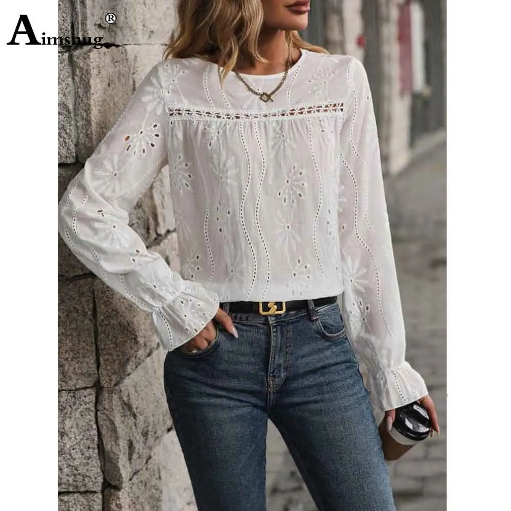 Women Elegant Lace Board Shirts New Summer Boho Flower Blouse Long Sleeve Basic Tops Ladies Shirt blusas Femmes Clothing 2025