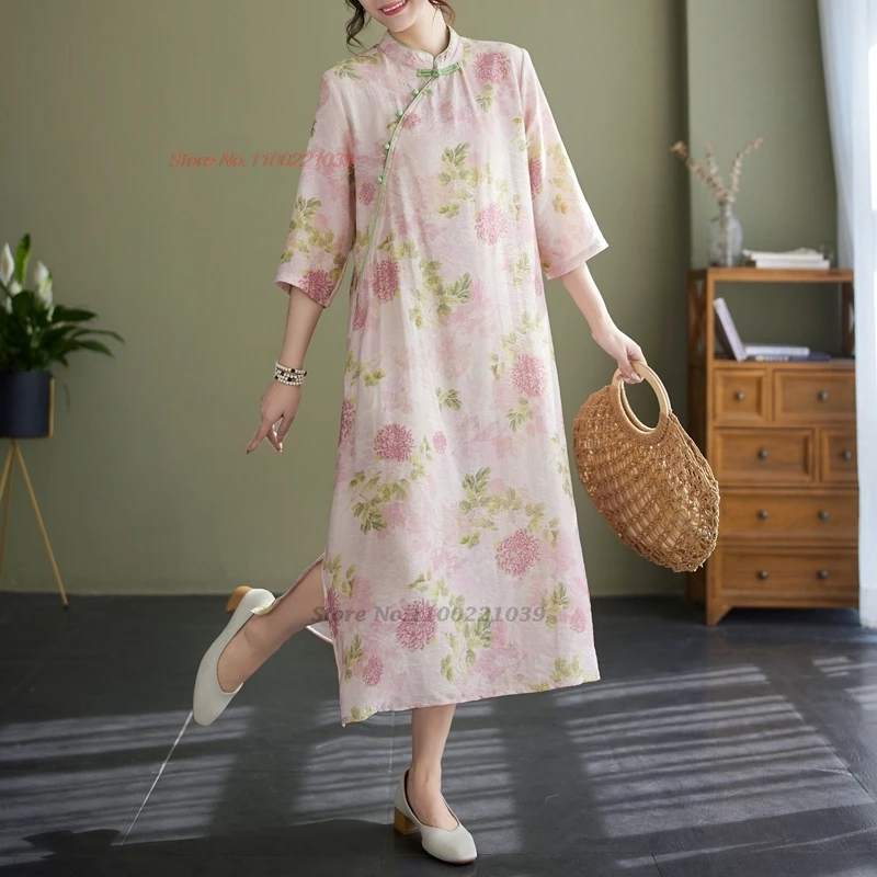 2025 chinese improved qipao vintage dress traditional cotton linen cheongsam national flower print folk a-line dress loose qipao