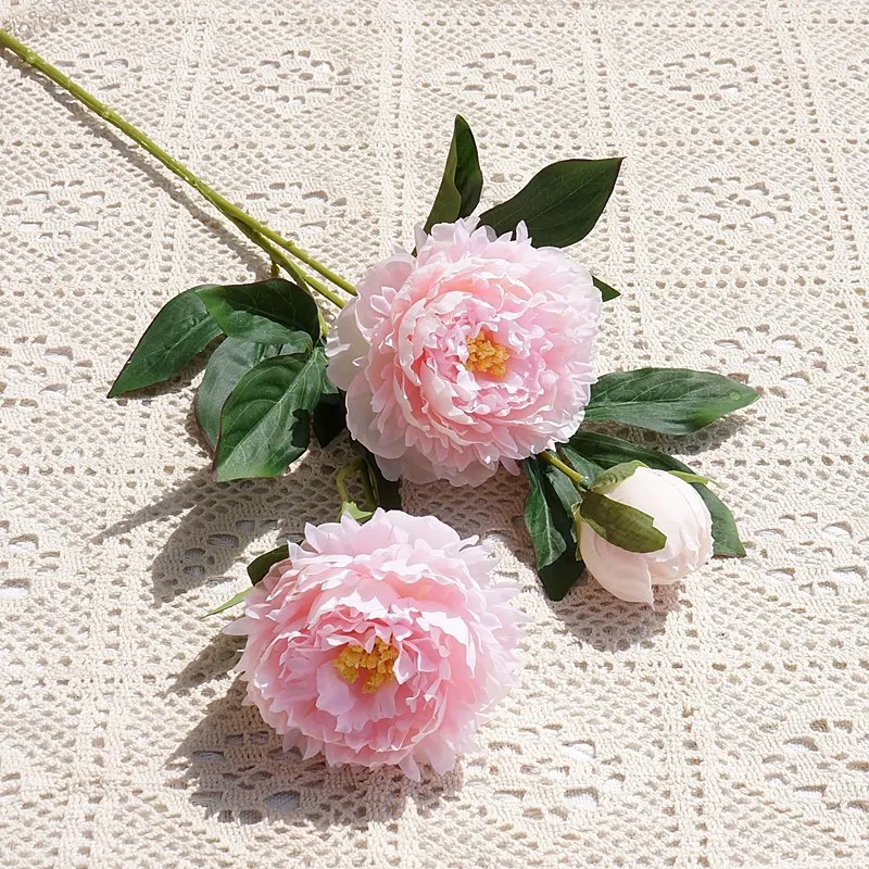 

Beautiful 3-Head Peony Artificial Silk Flower Realistic Long Branch Fake Flower for Home Wedding Decoration Living Room Party