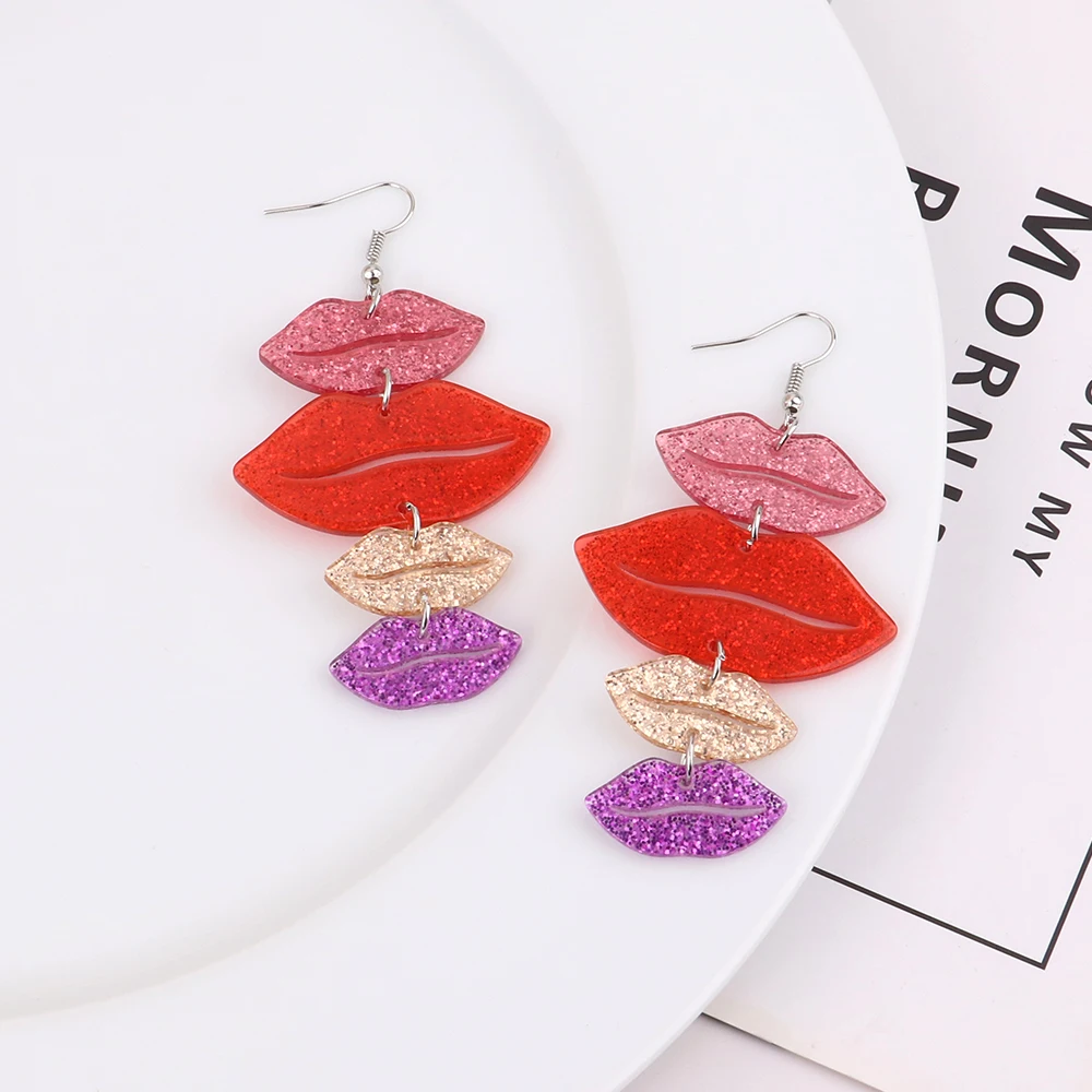 Trendy Multilayer Red Lips Acrylic Drop Earrings For Women Colorful Geometric Glitter Long Dangle Earrings Fashion Jewelry Gifts