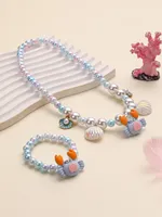 Girls Princess Ocean Themed Jewelry Set 2pcs Imitation Pearl Necklace And Bracelet Crab Shell Design Children's Accessory Gift