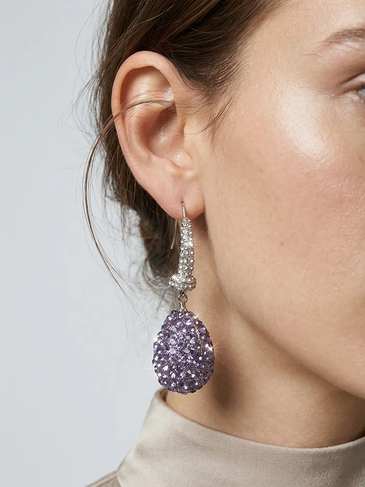 Purple Crystal Teardrop Dangle Earrings for Women, Clear Paved Hook Silver Tone Full Pave Drop Ear Jewelry