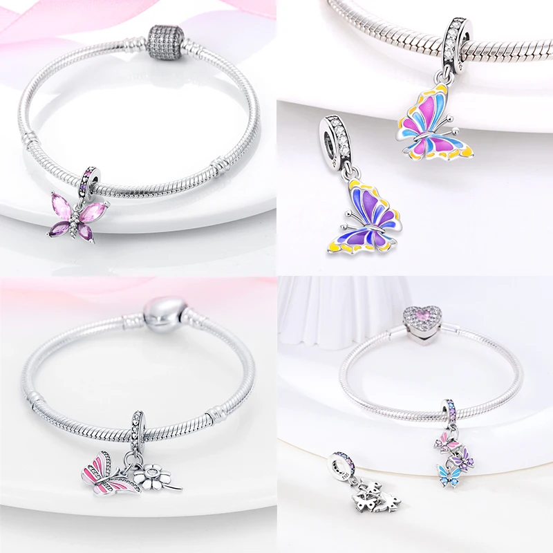 Colgante de plata de ley 925 con forma de mariposa y girasol, charmas compatibles con pulsera Pandora original, collar de cuentas, joyería para mujer