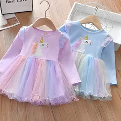 New Unicorn Princess Dress Baby Girls Dress Rainbow Spring Autumn Kids Clothes Dress Party Long-sleeved For Children's Dress