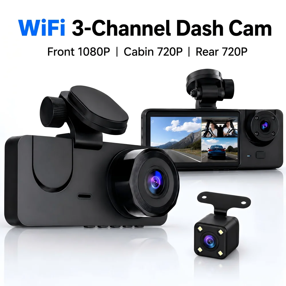WiFi 3 Channel Dash Cam 1080P Front Camera 720P Cabin Rear View IR Night Vision 2.0 IPS Screen APP Control G-Sensor Car DVR