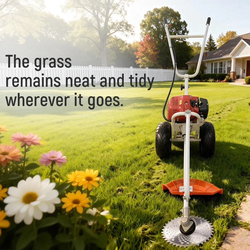 Kosiarka spalinowa 4-suwowa, ręczna, wielofunkcyjna, z funkcją wykaszarki do pielenia gleby i robienia rowków - wydajne narzędzie do pielęgnacji trawnika.