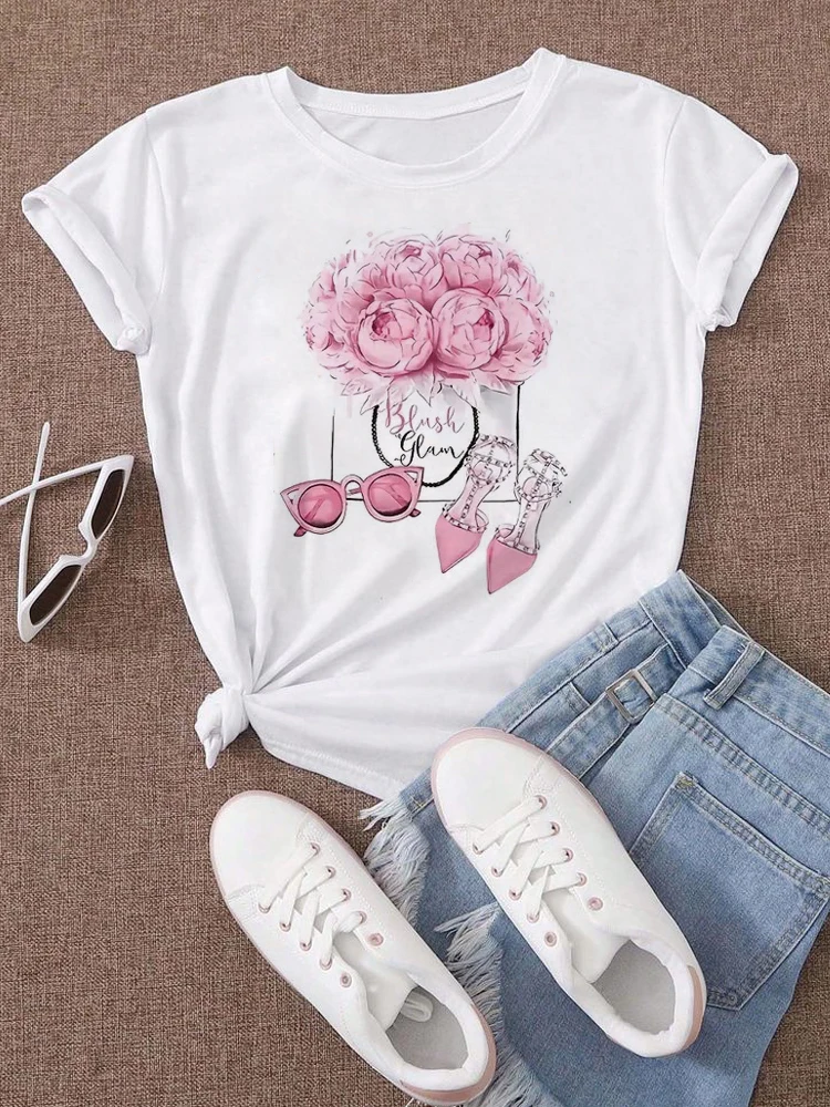 Fashion Floral High Heel Printed T Shirt Women Harajuku Graphic Tees Shirt Casual Women's T-shirt Female Tops Tees