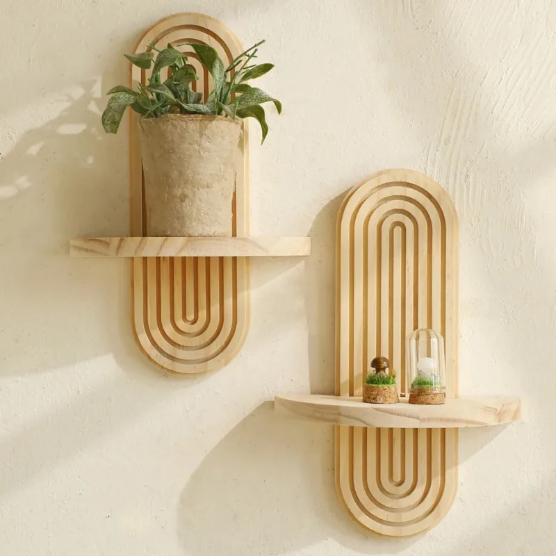 Solid Wood Wall Shelf Flowerpot Display Stand Elliptical Thread Creativity Storage Shelves Home Wall Decoration Organizer Racks