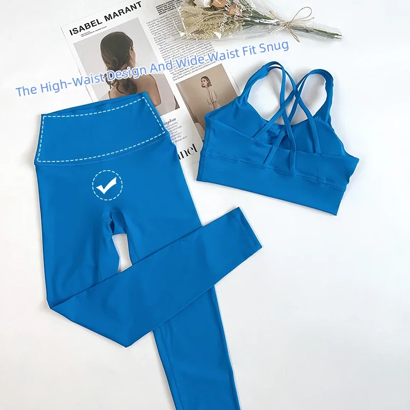 ชุดโยคะ 2 ชิ้น ชุดออกกำลังกายสำหรับผู้หญิง ชุดกีฬา เสื้อผ้าออกกำลังกาย กางเกงเลกกิ้งเอวสูง สายไขว้ บราฟิตเนส ชุดวิ่ง 👚 👍️