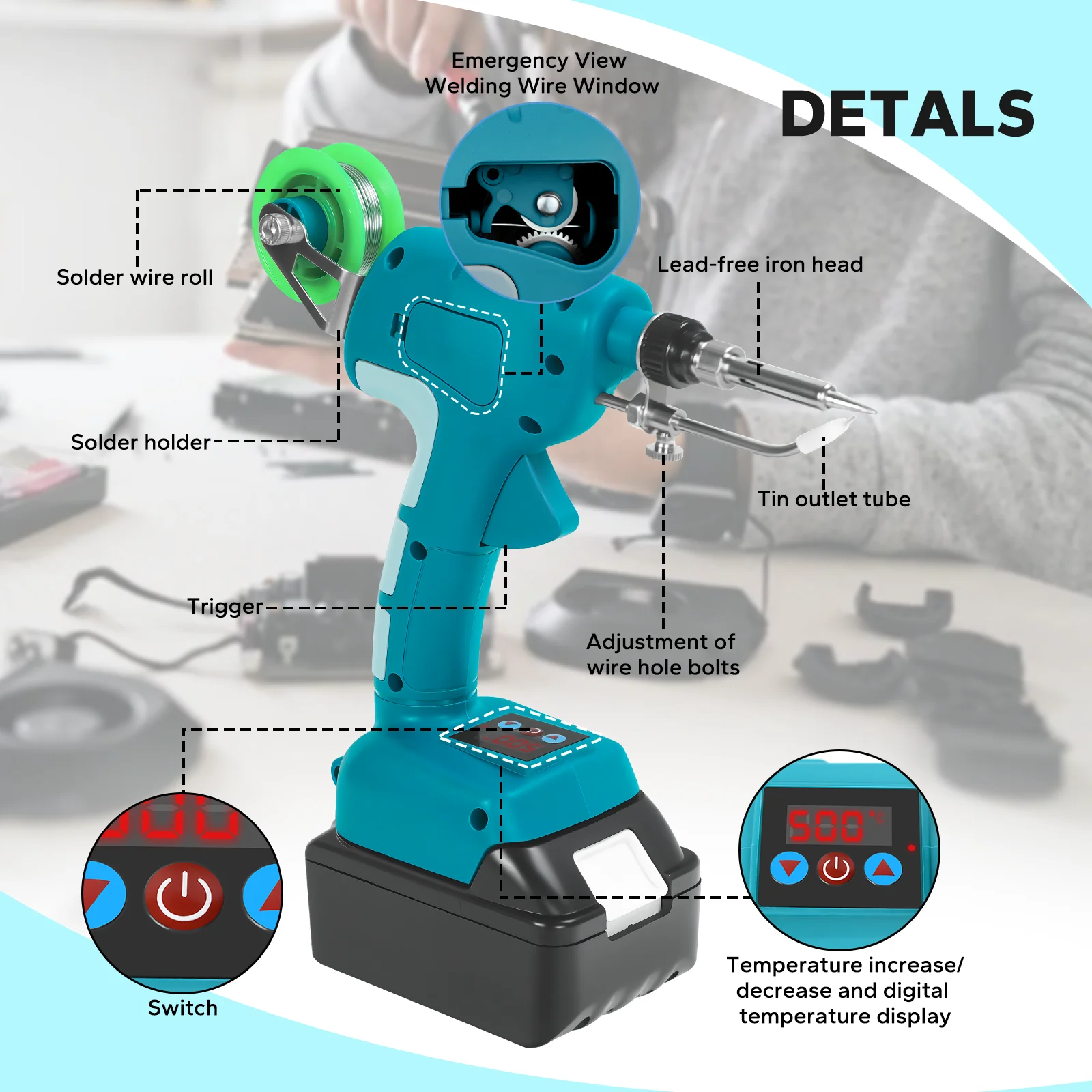 75W Cordless Soldering Iron Kit 200℃-500℃ Digital Display Electric Soldering Gun DIY Repair Tool for Makita 18V Battery Pin