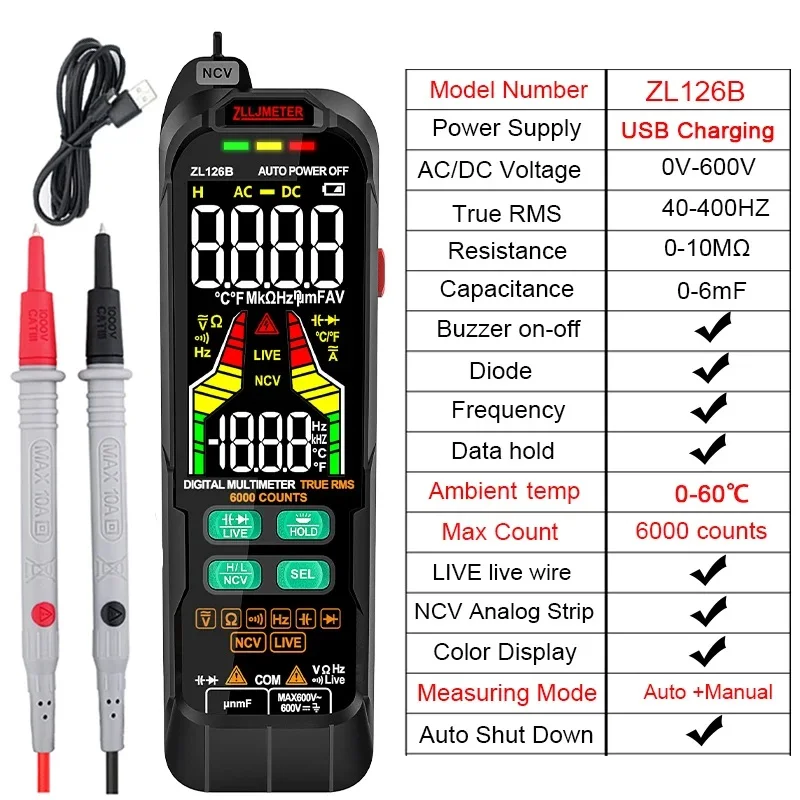 

USB Charge Smart Multimetro Digital Profesional AC DC Current Voltage Detector Pen Capacitance Temp Auto Range Tester Multimeter