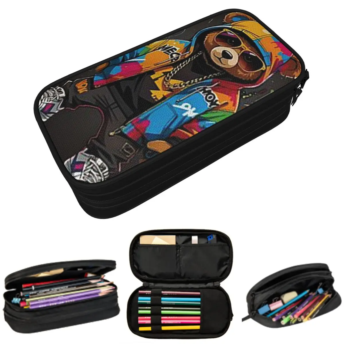 

Пенал с мультяшным медведем в стиле хип-хоп для мальчиков и девочек, подарок, коробка для ручек, сумка для карандашей, канцелярские принадлежности, держатель для ручек