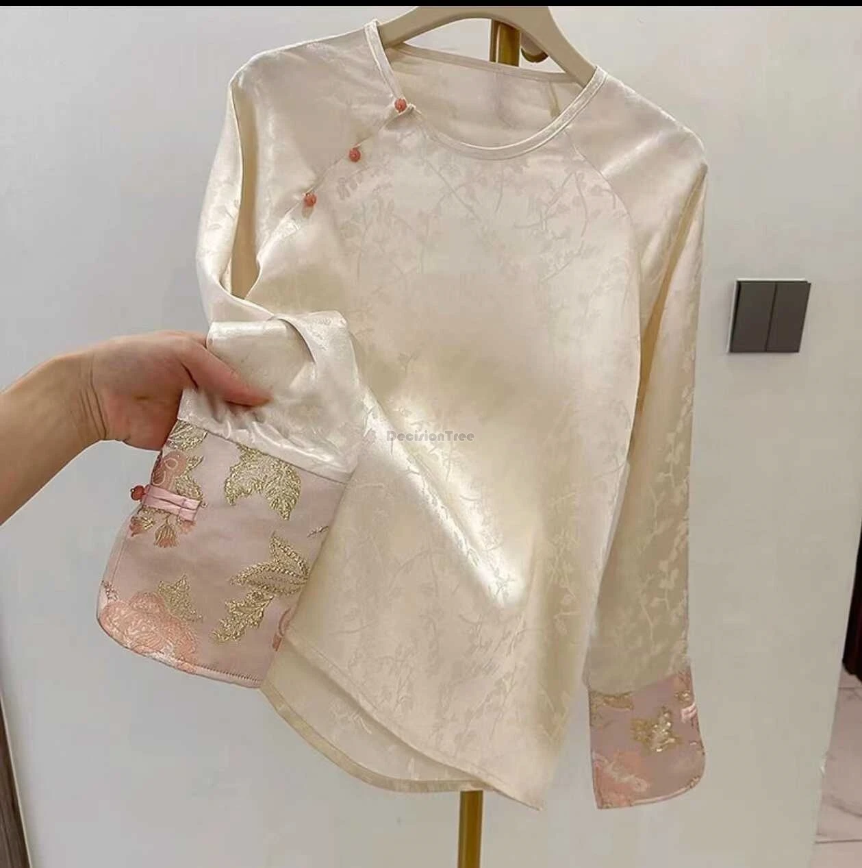 

2025 spring new chinese national style women satin base layer shirt elegant long sleeve round collar jacquard tang suit blouse