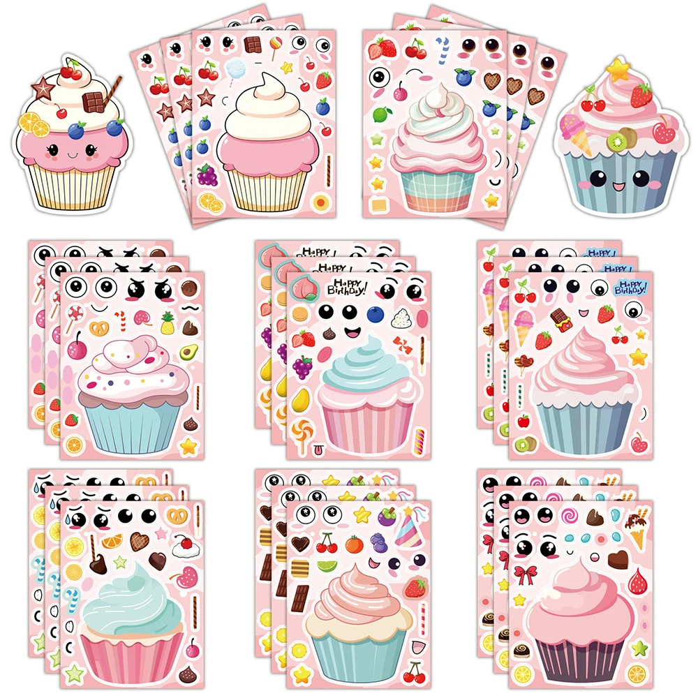 8/16 feuilles crème glacée Cupcake faire un visage Puzzle autocollants enfants bricolage décalcomanies drôle dessin animé assembler Puzzle enfants jouets décoration