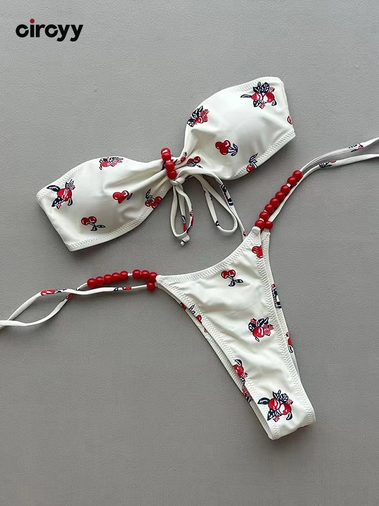 Circyy Print Split Swimsuit Women Strapless Two-piece Bikini Set Beading Design Bathing Suit Holiday Sexy Swimwear Summer New