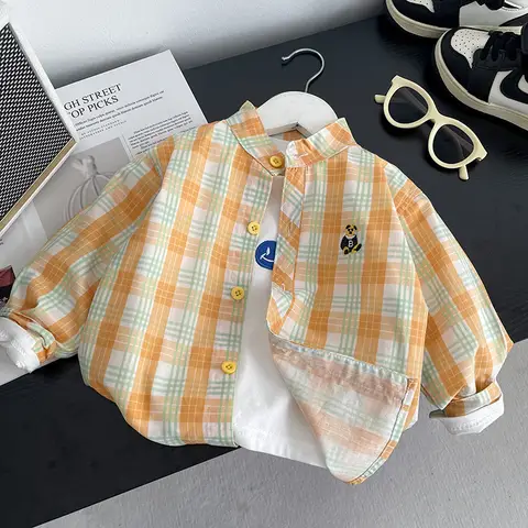 Kids Plaid Cartoon Bear Shirt Long Sleeve Casual Children Tops 2025 Spring/Autumn Boys Girls Blouse Daily Loose Teen Clothes